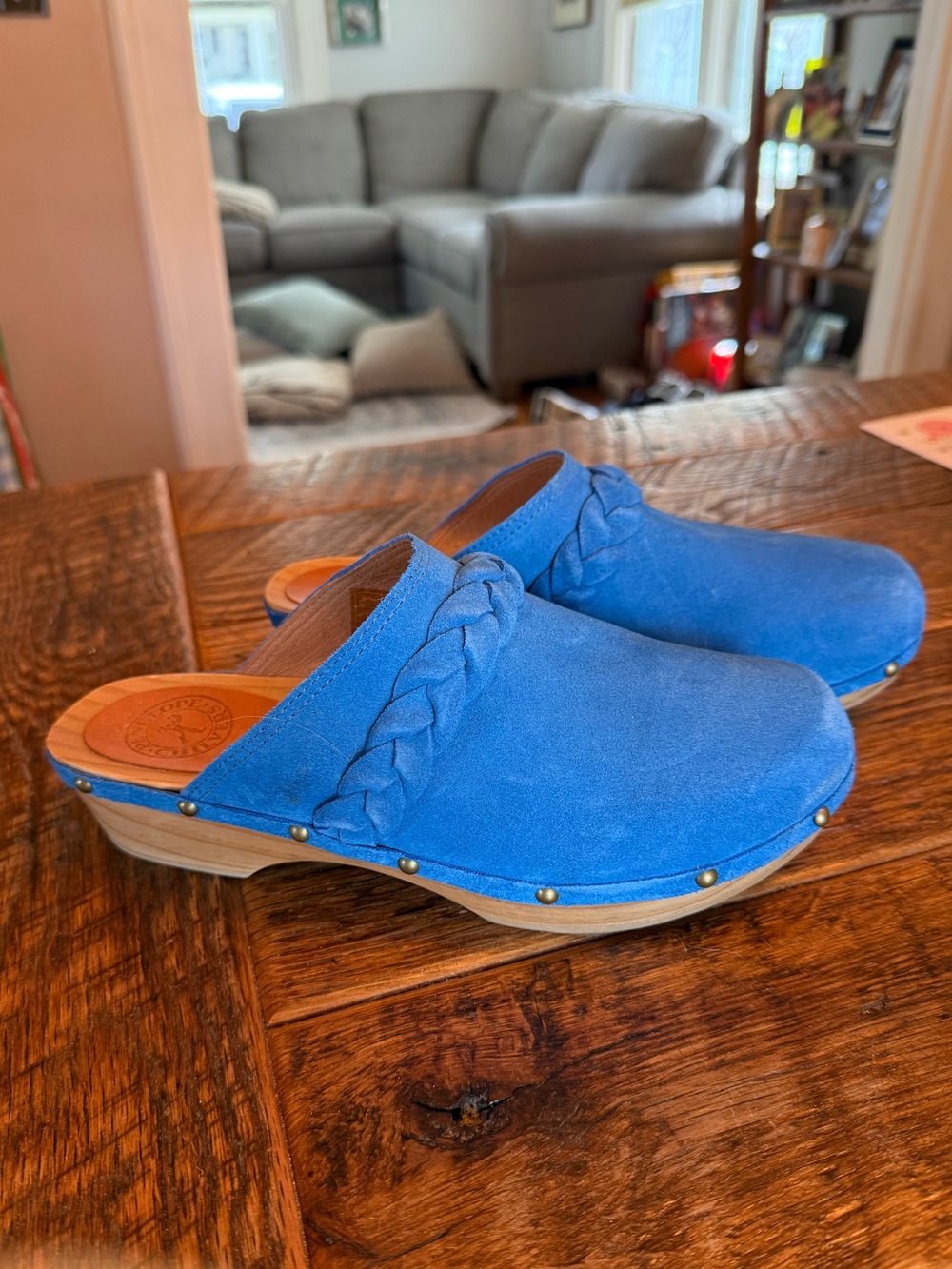 Penelope Chilvers Braided Suede Clog Mules in Beautiful Blue